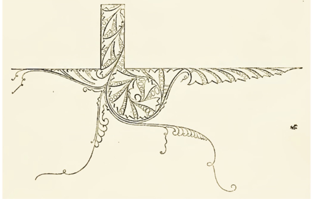 Figure 11. Dresser, an ornament that “may justly be said to embody two natural facts” about water’s behavior against a surface, the way it rebounds and the way it clings. Fig. 135 from _The Art of Decorative Design_. Courtesy of the Department of Special Collections, Stanford University Libraries.