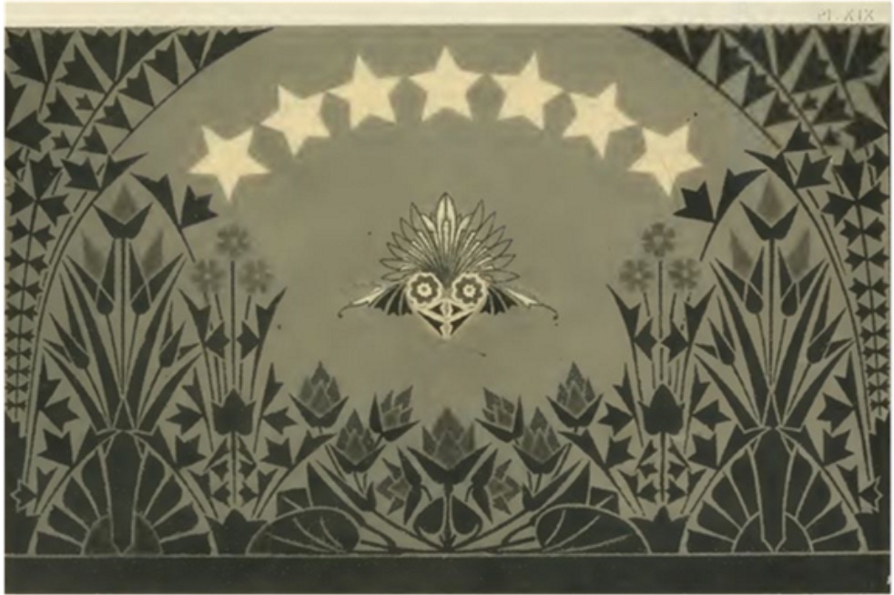 Figure 13. Dresser, “Evening” wallpaper pattern. Plate XVI from _The Art of Decorative Design_. Courtesy of the Department of Special Collections, Stanford University Libraries.