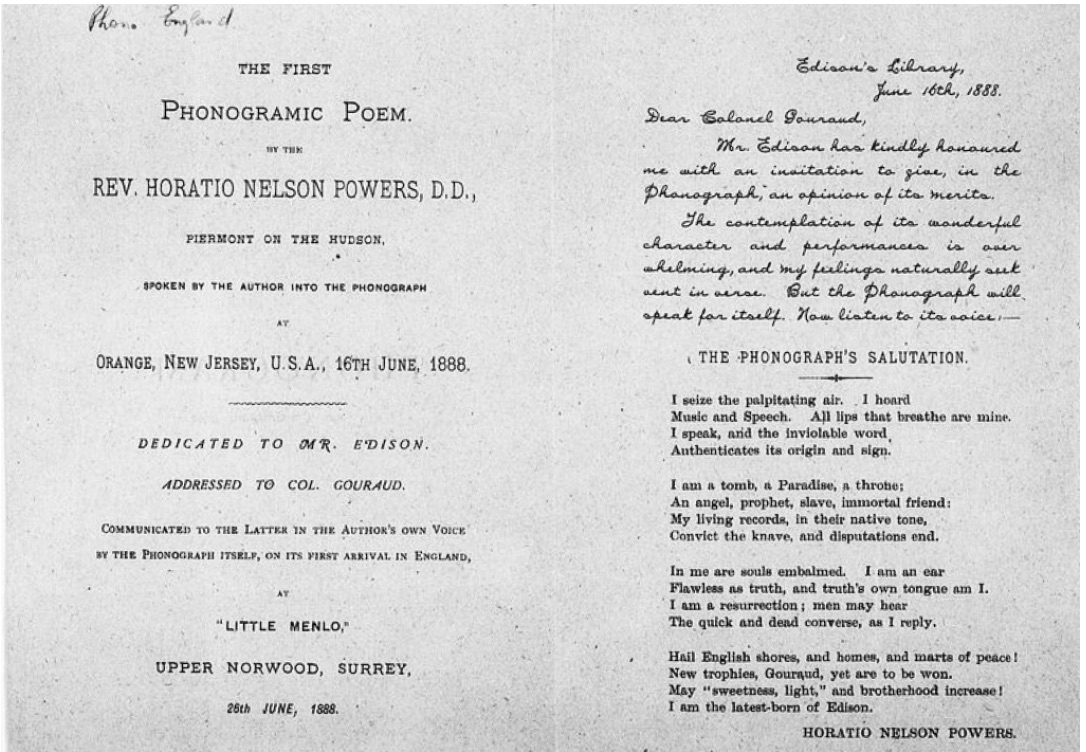 Horatio Nelson Powers. “Phonogram from Horatio Nelson Powers to George Edward Gouraud, Thomas Alva Edison, June 16th, 1888.” _Edison Papers Digital Edition_. 7 Nov. 2019.