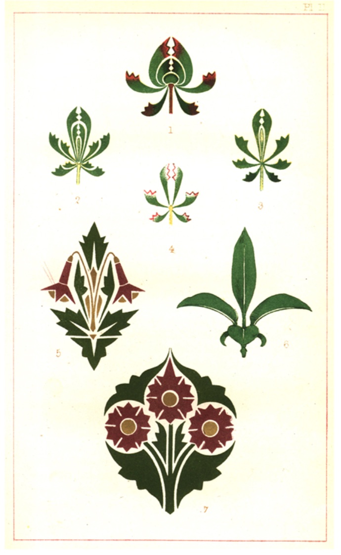 Figure 6. Ornamental motifs that evoke the “mental conception” of a leaf-bud. Plate II from Dresser, _The Art of Decorative Design_ (1862). Courtesy of the Department of Special Collections, Stanford University Libraries.